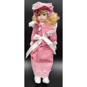 Vintage 16" Porcelain Doll “Tracy” TH‑64 Pink Velvet Dress w/ Bonnet & Box